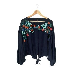 FREE PEOPLE Blue Embroidery Top